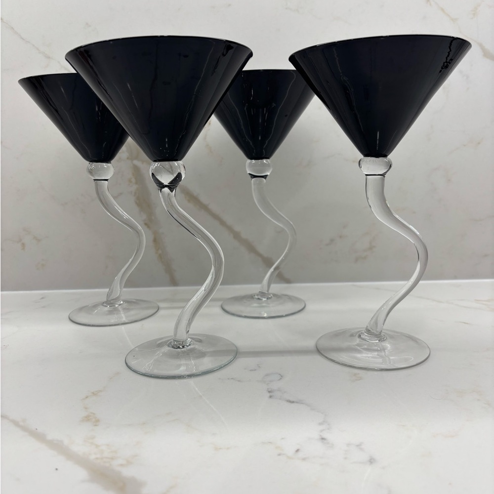 4 Vintage Black Glass Martini Champagne Cocktail Glasses Clear Zigzag Stem